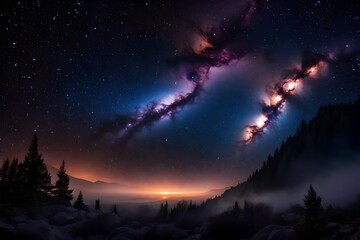 Fototapeta premium Picture a captivating night sky adorned with a whimsical galaxy, featuring swirling stars and a mesmerizing nebula.