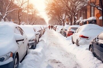 Parked cars covered with snow on street after night snowfall. Cleared from snow pedestrian zone between cars in morning. Snowstorm in city