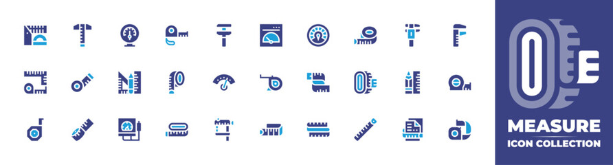 Measure icon collection. Duotone color. Vector and transparent illustration. Containing tools, voltmeter, meter, measuring tape, ruler, dashboard, measure, measure tape, measuring tool, tools.