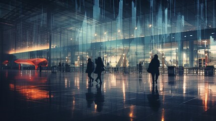 Vibrant City Life at Blurred Airport - Urban Commuters in Fast Motion, Modern Transportation Hub with Energetic Atmosphere