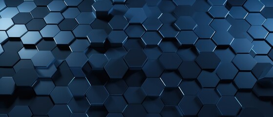 Hexagonal dark blue navy background texture placeholder, radial center space,  illustration,  rendering backdrop