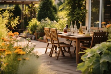 Fototapeta na wymiar Plants and wooden chairs at table with food on terrace of house in the summer