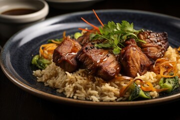 Closeup of palatable spiced pork meat and rice chaufa in plated on table in expensive restaurant