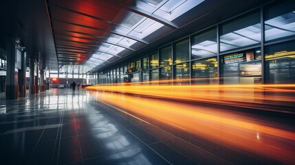 Fototapeta na wymiar Vibrant City Life at Blurred Airport - Urban Commuters in Fast Motion, Modern Transportation Hub with Energetic Atmosphere
