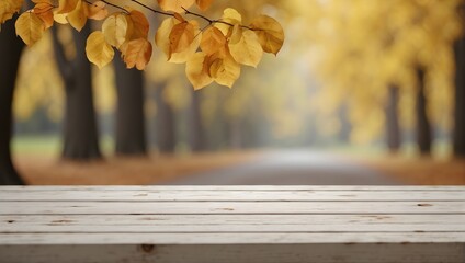 Naklejka na ściany i meble empty white wooden linden table with blurred autumn background