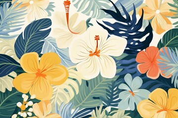 Illustration of tropical pattern with rainforest plants such as leaves, fruits, and flowers. Modern composition art with natural light and pastel colors. Generative AI - obrazy, fototapety, plakaty