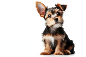 Attentive and listening jork terrier puppy with one ear up Isolated on white background. ai generative - obrazy, fototapety, plakaty