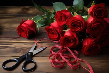 red roses twine scissors on wood table