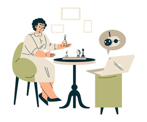 Artificial Intelligence Technology with Woman Character Play Chess with Bot Vector Illustration