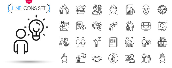 Pack of Group, Agent and Thermometer line icons. Include Employees group, Head, Cogwheel pictogram icons. Hand washing, Face biometrics, Three fingers signs. Star, Handshake. Vector