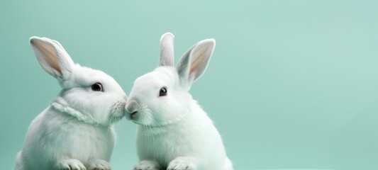 Happy Easter greeting card - Two white Easter bunnies rabbits couple kissing, isolated on green background © Corri Seizinger