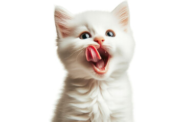 Hungry white kitten cat eating and licking its lips with tongue Isolated on on white background. ai generative