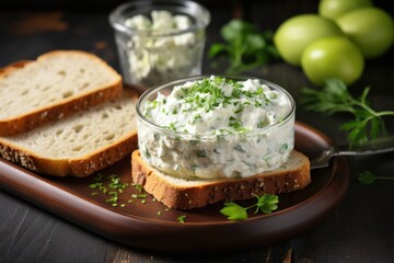 Benedictine spread. Cream cheese with cucumber and spring onions. United States cuisine - obrazy, fototapety, plakaty