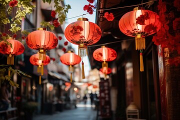 Chinatown lantern hanging at small street