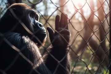 Hand of a gorilla in a cage close-up while locked, wild animal rescue concept.