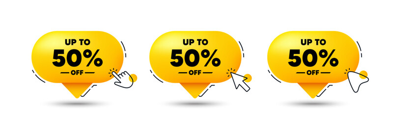 Up to 50 percent off sale. Click here buttons. Discount offer price sign. Special offer symbol. Save 50 percentages. Discount tag speech bubble chat message. Talk box infographics. Vector