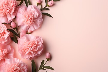 Pink carnation flowers and eucalyptus branches on a beige background.