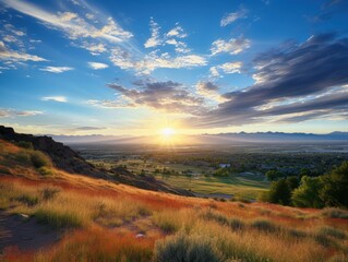 Sunset over rural spring landscape with cityscape in the distance, Utah, USA