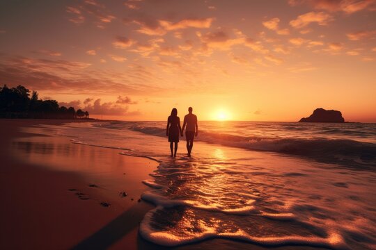 A photorealistic image of a couple watching a sunset on a beach, with soft waves lapping at their feet and warm sand between their toes. Generative AI