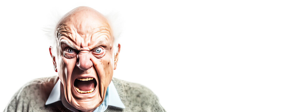An elderly man grandfather shouts in angry anger, aggressively disappointed, white background isolate. .
