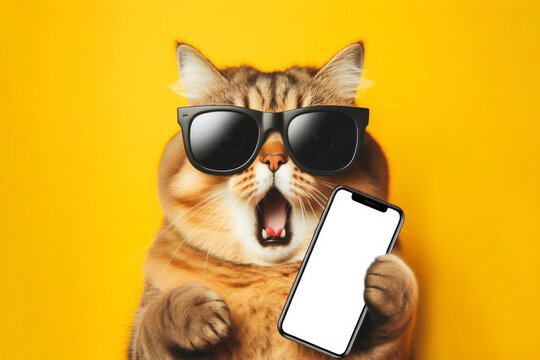 Shocked cat in sunglasses holding smartphone with white mockup screen on solid yellow background. ai generative