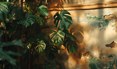  Giant Monstera Variegata plant shot growing on an old wall with painted Renaissance frescoes,...