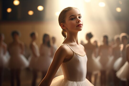 A photorealistic image of a young girl taking a ballet lesson in a studio, with beautiful lighting and elegant poses. Shot from a close-up angle to capture the sense of grace and beauty. Generative AI