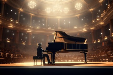 A realistic image of a musician playing a piano in a grand concert hall, with elegant decor and a...