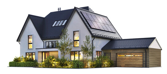 Night View of a House with Solar Panels on a Transparent Background - 705609120