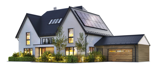 Night View of a House with Solar Panels on a Transparent Background