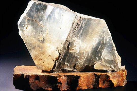 Albite is a rare precious natural stone on a black background. AI generated. Header banner mockup with space.