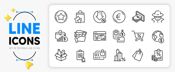 Loyalty star, Fraud and Global business line icons set for app include Loyalty points, Mortgage, Web report outline thin icon. Rent car, Food donation, Card pictogram icon. Loan percent. Vector