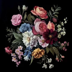 Behang Vintage bouquet of exquisite flowers on a black background. Baroque, old-fashioned elegance in a natural pattern, perfect for wallpaper or a stylish greeting card. © akromin