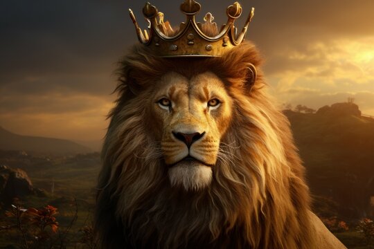 Regal Lion crown animal banner. African king. Generate AI