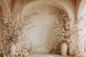 ream colored arch wall, boho flowers standing on the sides, arch shaped cream flowers hanging on the wall, minimal