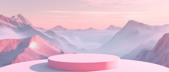 a pink rounded podium with mountains in the background, in the style of abstract minimalistic compositions, circular shapes mockup, light pink, Product presentation, mock up,  cosmetic product,