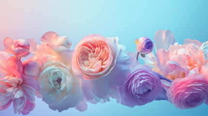 Minimal surrealism background with peonies, wild roses and ranunculus in pastel holographic colors with gradient and copy space