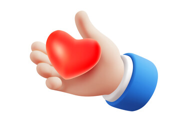 Fototapeta premium Vector romantic illustration of gesture hand in sleeve hold red heart on white color background. 3d style design of man white skin hand give heart for web, health care banner