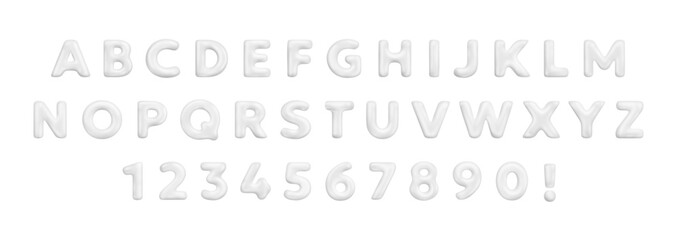 Vector realistic abc illustration of white color glossy letter and number. 3d style design of complete alphabet on white background. Font  collection letter and number in cartoon style © wowomnom