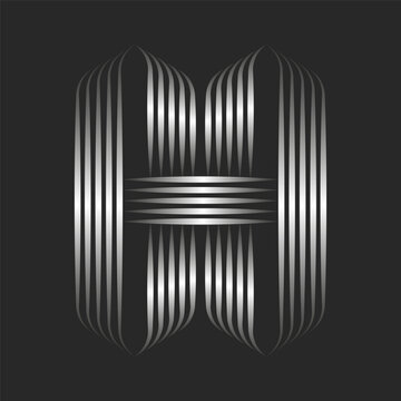 Monogram H letter initial logo linear 3d effect, silver gradient parallel thin lines pattern logotype, metallic striped ribbons, calligraphic mark emblem for fashion boutique.