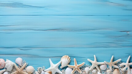 Summer beach background with seashells and starfish on blue wooden planks. Vacation and travel.