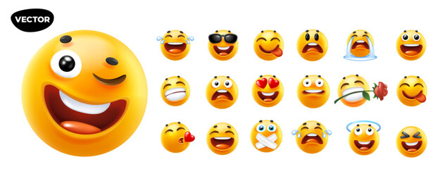 3d vector style design of funny collection of emoji with smile, heart, tongue, sunglasses and tear. Vector large set of illustration of happy fun yellow color emoticon with different emotion