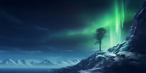 rock cliffs with a tree in the edge with aurora northern sky