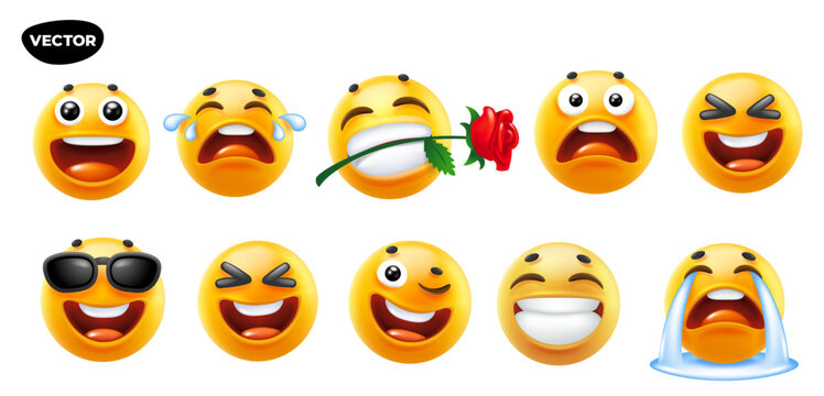 3d vector style design of funny set of emoji with tongue, sunglasses, flower, tear and smile for social media. Vector cool collection of illustration of happy fun yellow color emoticon with emotion