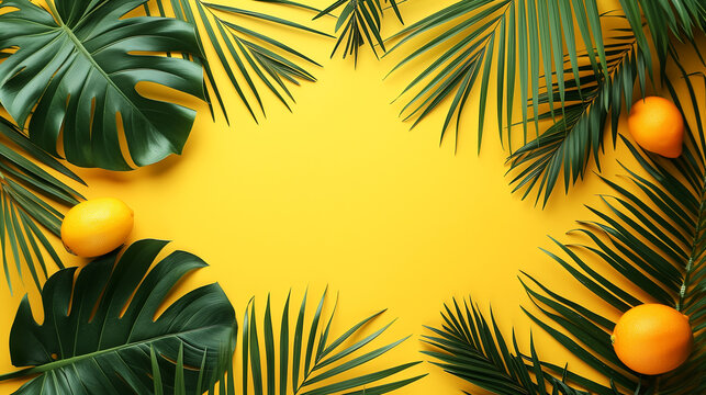 Palm leafes with lemons border frame on a bright yellow background . flat lay summer composition
