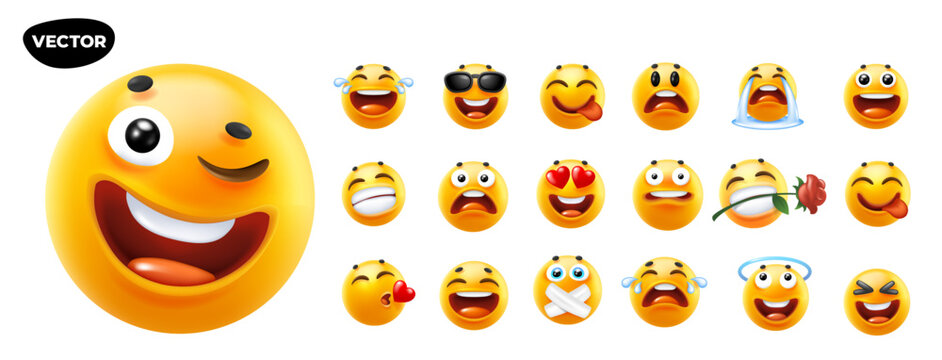 Naklejki 3d vector style design of funny collection of emoji with smile, heart, tongue, sunglasses and tear. Vector large set of illustration of happy fun yellow color emoticon with different emotion