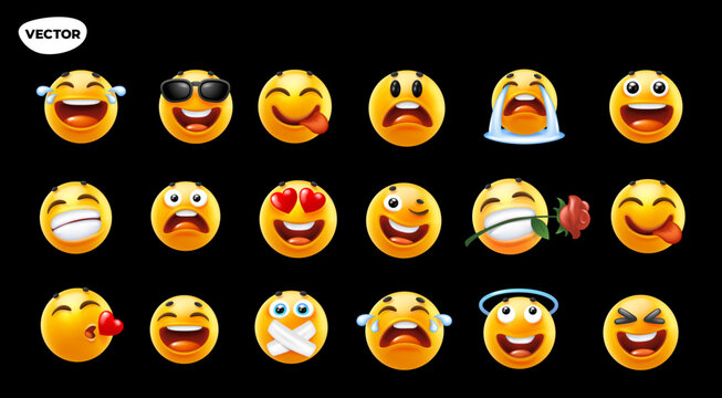 Naklejki 3d vector style design of funny collection of emoji with smile, heart, tongue, kiss and tear. Vector large set of illustration of happy fun yellow color emoticon with different emotion