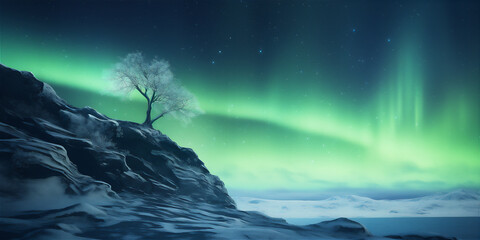 rock cliffs with a tree in the edge with aurora northern sky