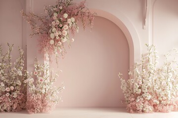light pink colored arch wall, boho flowers standing on the sides, arch shaped white pink flowers hanging on the wall, minimal