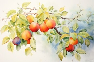 Fruit branch painted with watercolors. Generative AI